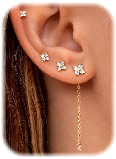 4 paar oorbellen van chirurgisch staal, hypoallergeen, 14 K verguld, kraakbeenpiercing, meerdere kettingen, delicate hangende bloemen, oorbellen voor bruiden
