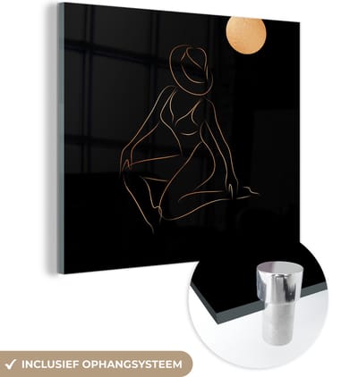 MuchoWow® Glasschilderij 90x90 cm - Schilderij acrylglas - Vrouw - Hoed - Maan - Line art - Foto op glas - Schilderijen