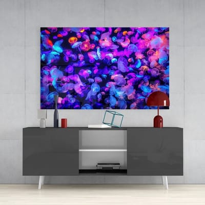 Glasschilderij - Kleurrijke Kwallen - Kleurrijke Wanddecoratie - Modern - 110x70x0,4 cm