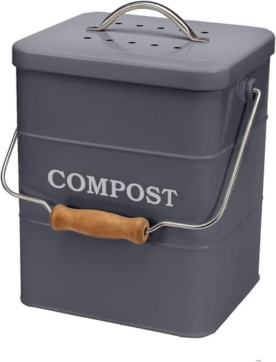 Stainless Steel Compost Bin voor Keuken - 1 Gallon Keukenafvalemmer met Houtskoolfilter - Compostemmer met Deksel - Grijs