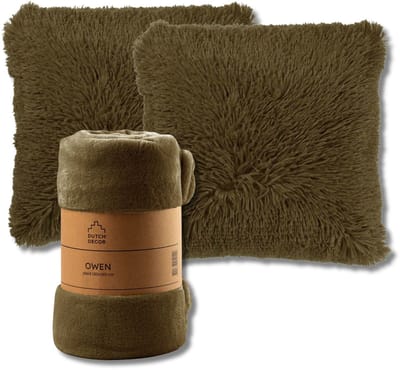 Dutch Decor - VOORDEELSET - 3-delig - Fluffy & Owen - 2 sierkussens 45x45 cm - 1 plaid 130x160 cm - groen