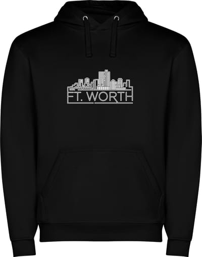 Zwarte unisex hoodie met “ Sky Line Fort Worth Texas – Vakantiegevoel – Strak – Modern “ Print Full Color Color merk Roly maat S