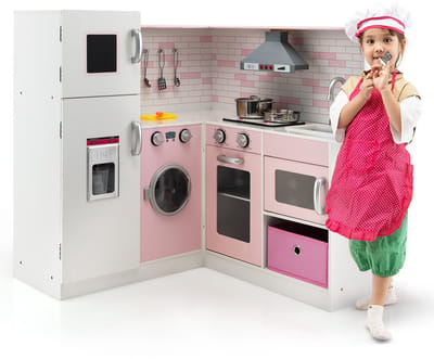 COSTWAY Hoekspeelkeuken met geluid en licht, houten kinderkeuken, incl. schort en speelaccessoires, voor kinderen vanaf 3 jaar