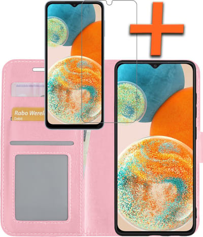 Hoes - Met Screenprotector - Geschikt voor Samsung Galaxy A23 - Luxe Pasjeshouder - Bookcase Portemonee - Flip Case - Kunstleer Book Case - Flipcase - Book Cover - Walletcase - PortemonneeHoes - Lichtroze