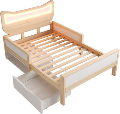 Wishdor – Kinderbed 90x200 cm – Kattenhoofdbord & LED 60.000+ Kleuren – Opberglade & Vak – Hout Wit‑Eiken