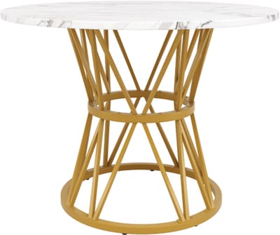 Ronde eettafel (100×100×76cm), keukentafel, ronde salontafel voor 4 personen, geschikt voor eetkamer, woonkamer, stijlvolle metalen tafelpoten, MDF marmeren tafelblad, goud