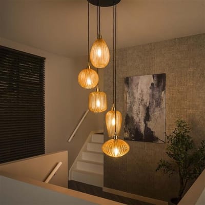 PS-Collection V-Shape Pattern Getrapte 5L Hanglamp - 40x180cm - Amber Glas/Metaal - hanglampen eetkamer, hanglamp zwart, hanglampen woonkamer, hanglamp slaapkamer, hanglamp kinderkamer, hanglamp rotan, hanglamp hout, hanglamp industrieel
