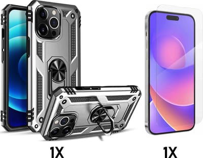 Casemania Hoesje Geschikt voor Apple iPhone 14 Pro - Grijs / Glazen Screenprotector - Anti-Shock Hybrid Armor Back Cover - Hoes met Kickstand Ring