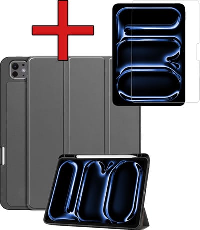 Hoesje - Geschikt voor Apple iPad Pro (2024/2025) - 11 inch - Met Screenprotector - Trifold Bookcase Hoes - Hard Cover Case - Met Uitsparing Geschikt voor Apple Pencil - Hardcover Book - Tablethoes - Grijs