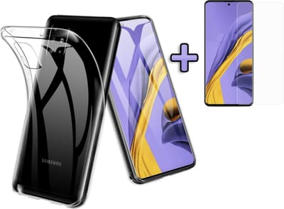HB Hoesje Geschikt voor Samsung Galaxy A51 - Siliconen Back Cover + Tempered Glazen Screenprotector - Transparant
