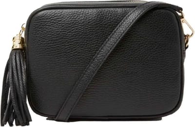 Zwarte Leren Camera Tas Tassle - Trendy Leren Schoudertassen met kwastje - Goud beslag - Italiaans Leder - Zwart