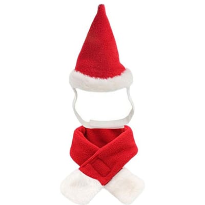 Kerstkostuum Outfit Set voor Huisdieren Zacht Warm Katten Honden Verstelbare Hoed met Sjaal voor Kerstfeest L(for 6.5-9kg) white