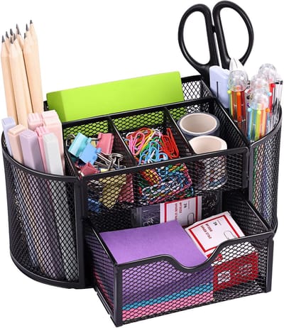 Bureau Organizer met 8 Vakken en Lade - Metalen Pennenhouder Zonder Montage - Multifunctionele Desk Opbergbox voor Kantoor, School en Make-up - Antislip en Duurzaam Bureau Accessoire
