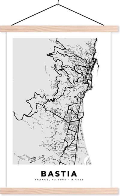 Posterhanger incl. Poster 40x60 cm - Schoolplaat - Kaart – Stadskaart – Frankrijk - Bastia - Plattegrond - Textielposter - Blanke latten - Stadskaart