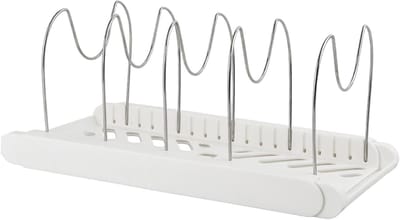 Ruimtebesparende uittrekbare pannendekselhouder met 7 verstelbare vakken voor potten, deksels en snijplanken, ideale keukenorganizer in wit