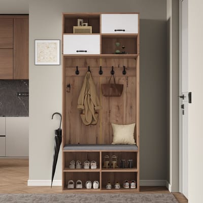 Clruro Kapstokkast - 80 × 185 × 35 cm - Met Zitbank, 5 Haken en 6 Opbergvakken - Hout - Wit