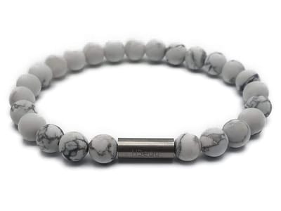 H-Beau - Handgemaakte Armband van Edelstenen - Natuurstenen - Howliet Kralen - RVS Kraal - 8mm - lengte 21cm - Mat - Wit - Gemarmerd- Heren - Unisex