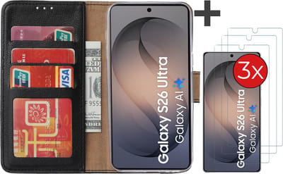 Hoesje met 3 Stuks Screenprotectors Geschikt voor Samsung Galaxy S26 Ultra – Arara bookcase met pasjeshouder - Zwart