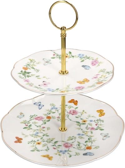 DANCING BUTTERFLIES Etagère 2-laags van porselein & metaal – R3129#DANB