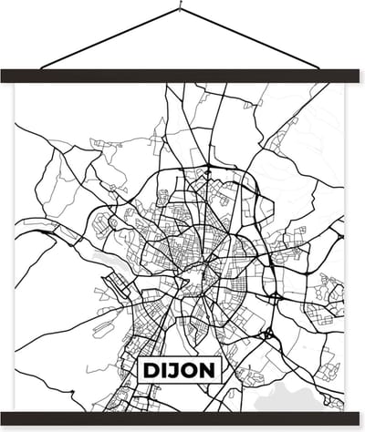 Posterhanger incl. Poster 60x60 cm - Schoolplaat - Kaart - Plattegrond - Dijon - Frankrijk - Stadskaart - Zwart wit - Textielposter - Zwarte latten - Stadskaart