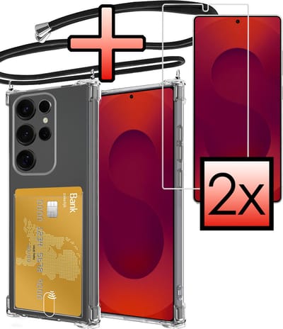 Hoes Geschikt voor Samsung Galaxy S25 Ultra Hoesje Pasjeshouder Cover Met Koord Shock Proof Case Siliconen Hoes Met Telefoonkoord en Kaarthouder Met 2x Screenprotector - Transparant