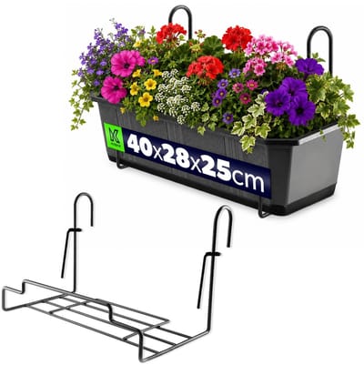 KADAX Bloempothouder voor balustrade, balkon, terras, bloembak, binnen en buiten, plantenstandaard, plantenhouder van staal, bloembakhouder met haken, zwart (breedte: 22 cm)