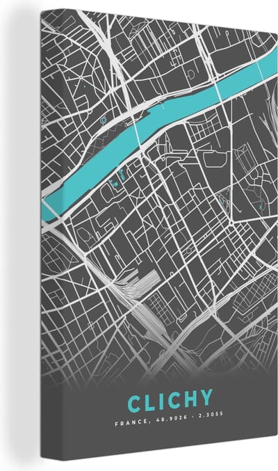 Canvas Schilderij Kaart - Stadskaart - Plattegrond - Frankrijk - Clichy - 20x30 cm - Wanddecoratie