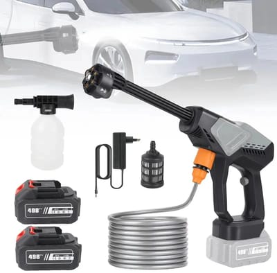 Draadloze hogedrukreiniger batterij 21V, 65 bar, auto hogedrukreiniger met 5 m slang en 6-in-1-sproeiers, 2 batterijen, elektrisch waterstraalpistool