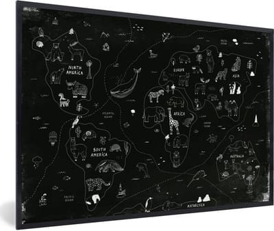 Wereldkaart - Kinderen - Zwart - Wit - Schoolplaat - Kinderkamer - 120x80 cm