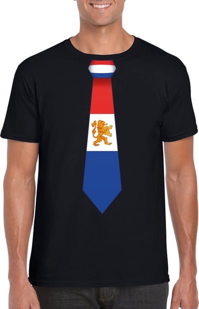 Zwart t-shirt met Hollandse vlag stropdas heren - Nederland supporter S