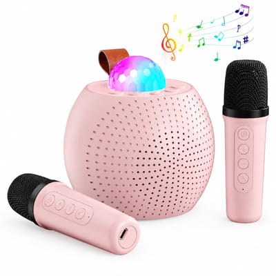 Karaoke voor kinderen met 2 microfoons, bluetooth-karaoke met ledlampen, draagbare karaoke-speler om te zingen, cadeau voor kinderen, voor feest, outdoor, reizen（roze）