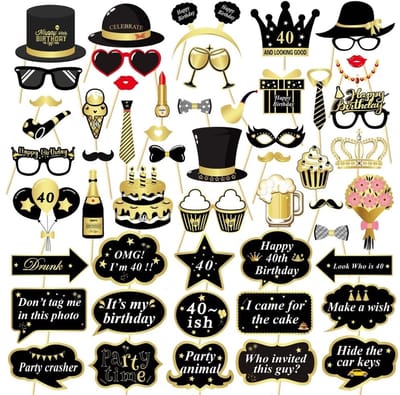 Dailygoods- Fotobooth Rekwisieten 40e Verjaardag - 53-delige DIY Kit - Houten Stokjes - Zwart-Gouden Accessoires - Grappige Foto's - Stevig Karton - Fotorekwisieten
