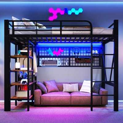 VVBV Ruimtebesparende Hoogslaper 90x200 cm - LED-Verlichting, Planken - Metaal Zwart - Zonder Matras