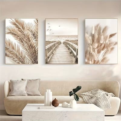 Canvas poster set - Wanddecoratie - Huis decoratie - Natuur posters - Strand pad - Pampas gras - Boho stijl - 3 luik - 30x40 cm - Zonder lijst - Woonkamer - Beige - Trendy