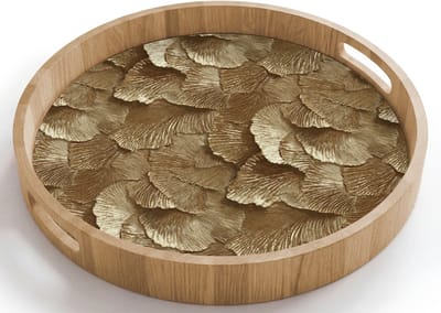 Dienblad rond 40x40 cm - Schootdienblad hout - Organisch - Patroon - Bladeren - Goud - Borrelplank rechthoek - Plateau houten dienbladen