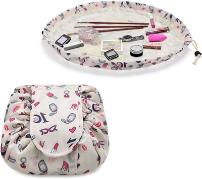 Multifunctionele Reistas voor Toiletartikelen - Draagbare Cosmetica Tas met Trekkoord en Beige Lippenstift Patroon