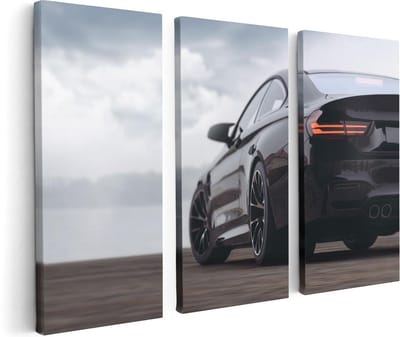 Artaza Canvas Schilderij Drieluik Zwarte Sportwagen Auto Van Achter - 120x80 - Foto Op Canvas - Canvas Print