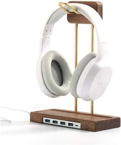Hoofdtelefoon Houder - Headset Stand - Bureau Organisatie - Massief Hout Messing - Met Dienblad - Zwart Walnoot