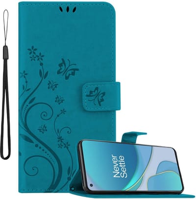 Cadorabo Hoesje geschikt voor OnePlus 8T in Blauw - Beschermhoes in bloemmotief met magnetische sluiting, standfunctie en kaartsleuven Book Case Cover Etui