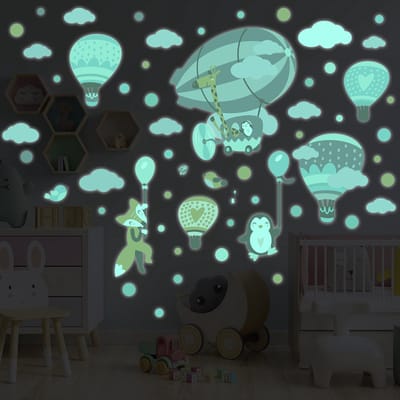 Lichtgevende sticker - Heteluchtballonnen en acrobaten - Muur-/plafondsticker voor kinderen - 100x140cm