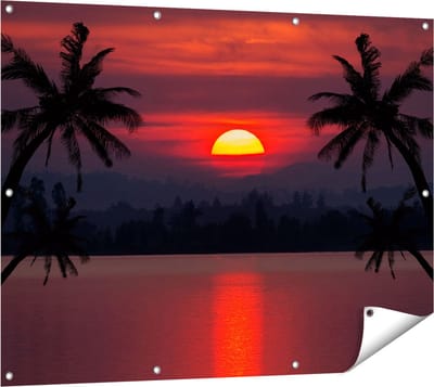 Gards Tuinposter Zonsondergang op het Strand met Palmbomen - 120x90 cm - Tuindoek - Tuindecoratie - Wanddecoratie buiten - Tuinschilderij