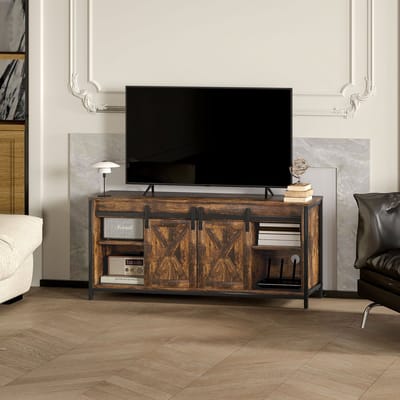 Wishdor - Televisiemeubel - Met Schuifdeuren En Kabeldoorvoer - Industrieel - Voor Woonkamer - Multiplex En Staal - Bruin - 120 X 40 X 54 Cm