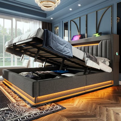 Komhtom Gestoffeerd tweepersoonsbed 180 x 200 cm, hoofdeinde met opbergruimte en USB- en Type-C-poorten, ledverlichting aan het hoofdeinde en voeteneinde, met hydraulische opbergruimte in linnenkleur grijs. (Zonder matras)