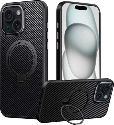 Hoesje geschikt voor iPhone 15 Plus Magsafe hoesje met Carbon uitvoering - 360° Draaibare Magnetische Standaard - Back Cover Kickstand Ring – Zwart