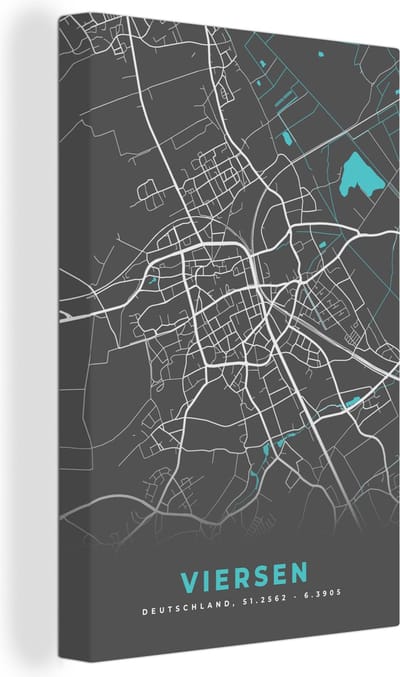 Canvas Schilderij Stadskaart – Plattegrond – Duitsland – Blauw – Viersen – Kaart - 20x30 cm - Wanddecoratie