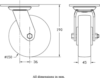 Draaibare zwenkwiel van 150 mm met een wiel van grijs gietijzer