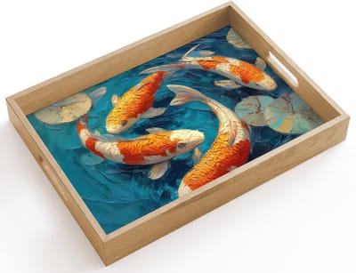 Dienblad hout 40x30 cm - Schootdienblad - Vissen - Waterlelies - Oranje - Water - Borrelplank rechthoek - Plateau dienbladen