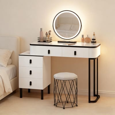 MODFU Kaptafel Met LED-Spiegel En 5 Laden - Modern - Met Kruk - MDF En Massief Hout - Zwart-Wit - 125 X 40 X 100 Cm