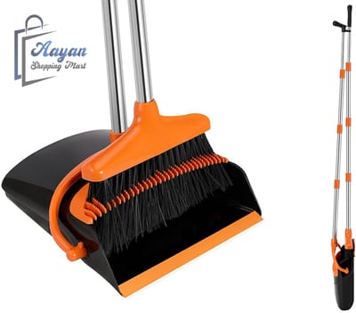 Stoffer en Blik met Lange Steel – Bezem Set 94cm met Ingebouwde Schoonmaaktanden - bezem - stoffer - 71725