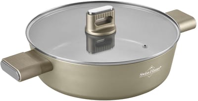 Swiss Haus® SCLC24CH Hapjespan Ø24 cm met Deksel – Inductie & Alle Warmtebronnen – PFAS Vrij – 2.8L Braadpan – Antiaanbaklaag – Champagne